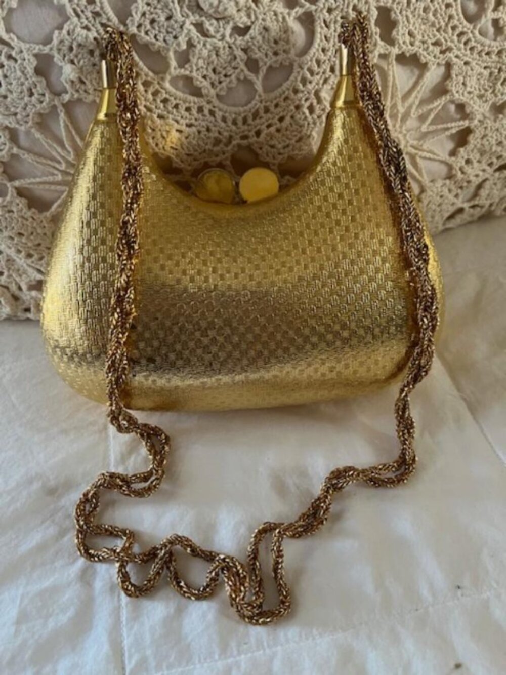 Vintage Hard Gold Lame Bag/Made in Italy/Interior Lining Gold Velvet/Long Strap
